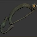 Ancient Bronze Fibula Sculpture With Green Patina And Inlaid Gemstone