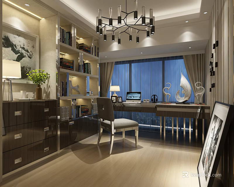 Modern Luxury Home Study Interior With Built In Bookshelves Spacious Working Desk And Elegant Lighting 3d model 