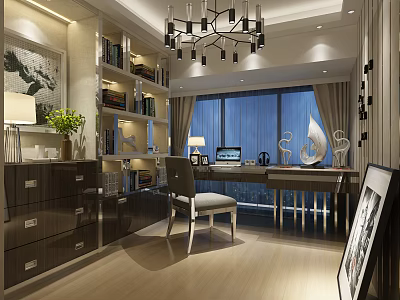 Modern Luxury Home Study Interior With Built In Bookshelves Spacious Working Desk And Elegant Lighting 3d model