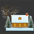 Snowy House Scene With Snow Covered Roof Red Chimney And Lit Christmas Trees