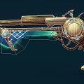 Ornate Steampunk Fantasy Weapon Pistol Featuring Blue Gemstones Wooden Grip And Glowing Blade