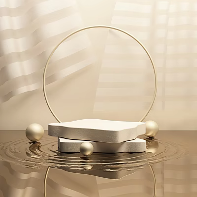 Decorative Ornament Set Featuring Golden Ring White Cube Platforms and Spheres on Rippled Surface 3d model