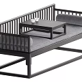 Modern Chinese Daybed With Black Wooden Frame Gray Cushion Slatted Armrest And Small Coffee Table