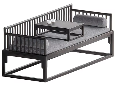 Modern Chinese Daybed With Black Wooden Frame Gray Cushion Slatted Armrest And Small Coffee Table 3d model