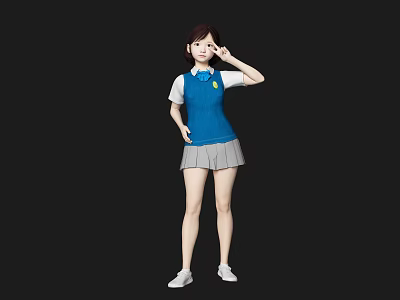 Woman Wearing Blue Top And Grey Pleated Skirt With White Shoes Hand On Head 3d model