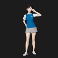 Woman Wearing Blue Top And Grey Pleated Skirt With White Shoes Hand On Head