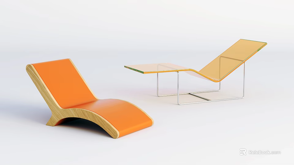 Modern Orange Lounge Chairs With Wooden And Metal Frames And Glass Top Table 3d model 