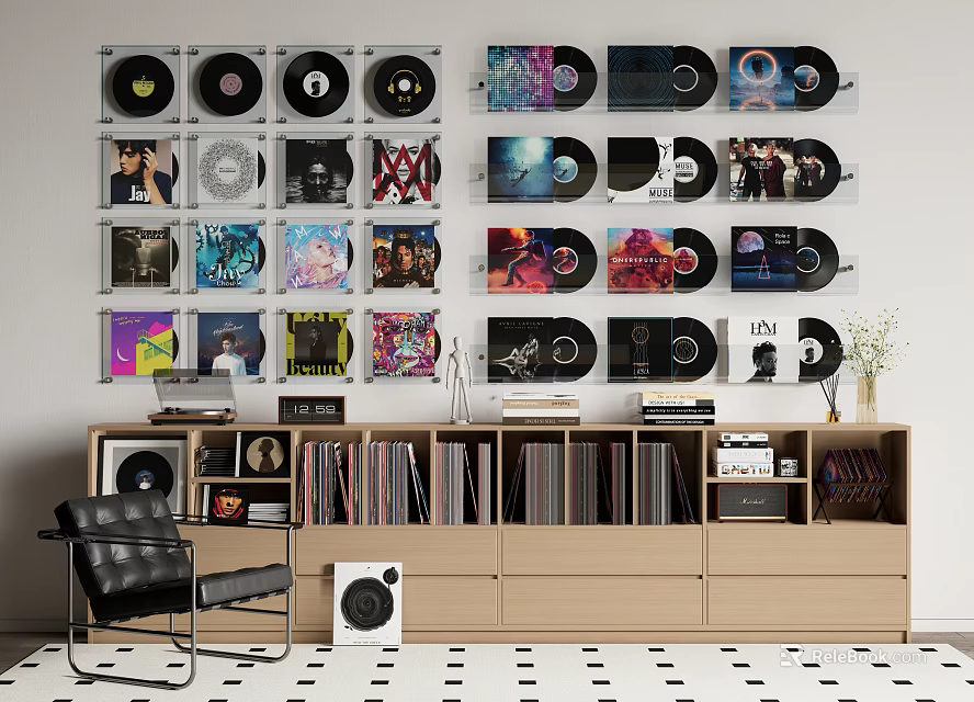 White Speaker With Vinyl Records Wall Display Wooden Cabinet And Black Chair Setup 3d model 