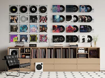 White Speaker With Vinyl Records Wall Display Wooden Cabinet And Black Chair Setup 3d model