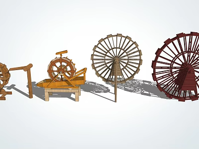 Garden Ornaments Featuring Wooden Water Wheels With Various Designs For Outdoor Decor 3d model