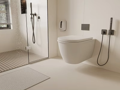 Modern Bathroom Interior Featuring White Wall Hung Toilet And Glass Shower Area 3d model