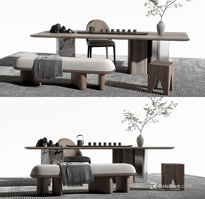 Modern Minimalist Tea Table And Chairs With Wooden Frame Marble Top Bench And Vase 3d model 