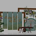 Chinese Style Floral Decor with Wooden Frame Scrolls Calligraphy Guzheng and Circular Sign