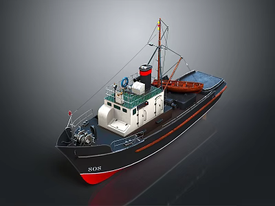 Detailed Ship Model With SOS Marking Red Chimney And Crane On Deck 3d model