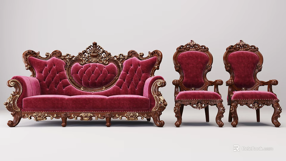 Red Velvet Three Seater Sofa With Ornate Carved Wood Frame And Armchairs 3d model 