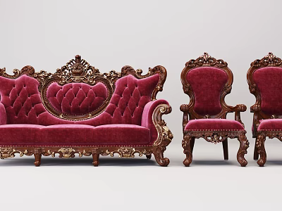 Red Velvet Three Seater Sofa With Ornate Carved Wood Frame And Armchairs 3d model