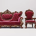 Red Velvet Three Seater Sofa With Ornate Carved Wood Frame And Armchairs