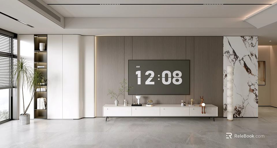 Modern TV Background Wall With Wooden Design TV Stand Decorations Plants And Gray Floor 3d model 