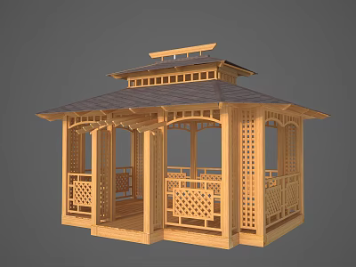 Traditional Chinese Wooden Pavilion With Open Design Lattice Railings And Sloped Roof 3d model
