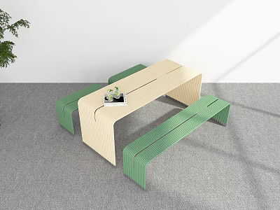 Modern Minimalist Indoor Table Set With Light Wood Top And Green Benches 3d model