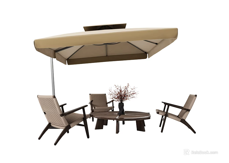 Outdoor Patio Awning Providing Shade Over Wicker Chairs And Coffee Table With Flower Vase 3d model 