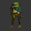 Anthropomorphic Green Frog Adventurer Character With Green Cloak Brown Armor And Dagger Standing