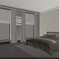 Cozy Double Bed With Brown Comforter Multiple Pillows Nightstand And Window Curtains 3d model