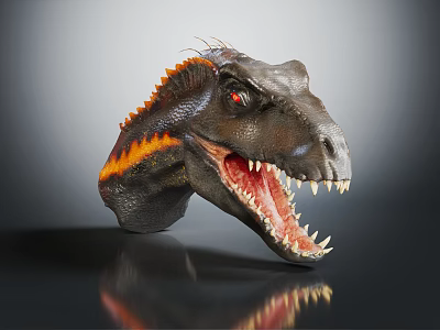 Dinosaur Head Model with Orange Black Stripes Open Mouth Sharp Teeth Red Eyes Reflective Surface 3d model