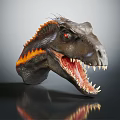 Dinosaur Head Model with Orange Black Stripes Open Mouth Sharp Teeth Red Eyes Reflective Surface