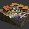 Colorful Houses Miniature Model With Orange Roofs Waterfront Small Boat Dock And Grass Area
