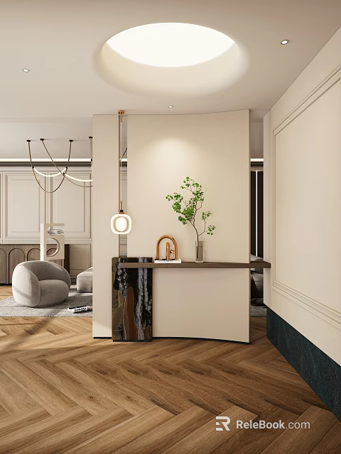 Modern Entryway Design With Console Table Pendant Light Green Plant And Wall Panel 3d model 