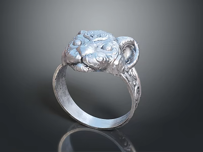 Exquisite Silver Ring Accessory With Detailed Animal Head Carving Design 3d model