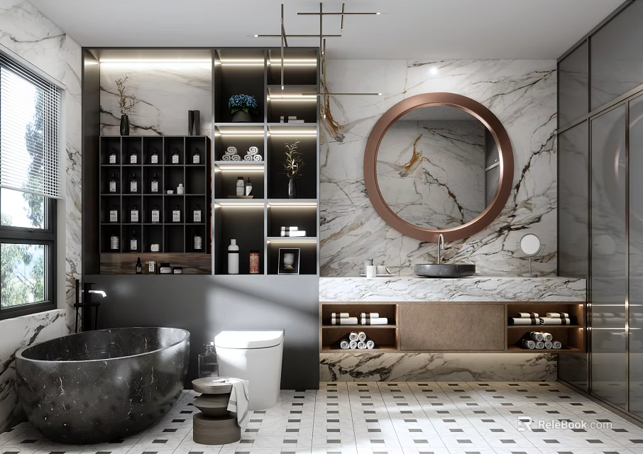 Modern Bathroom Interior With Marble Walls Round Mirror Black Bathtub White Toilet And Storage Shelves 3d model 