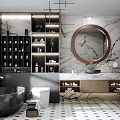 Modern Bathroom Interior With Marble Walls Round Mirror Black Bathtub White Toilet And Storage Shelves