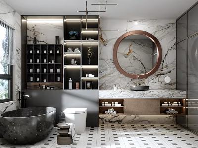 Modern Bathroom Interior With Marble Walls Round Mirror Black Bathtub White Toilet And Storage Shelves 3d model