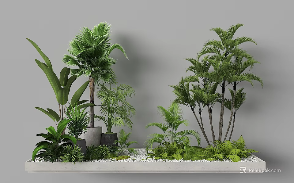 Garden Landscape With Various Green Plants Palm Trees And White Pebbles On Light Gray Platform 3d model 