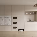 Home Balcony Interior Design With Modern Storage Cabinets Washing Machines Sink And Open Shelves