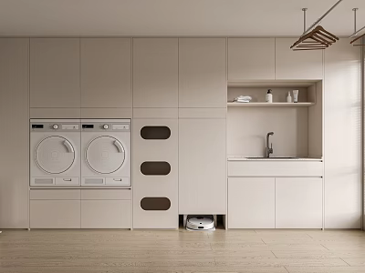 Home Balcony Interior Design With Modern Storage Cabinets Washing Machines Sink And Open Shelves 3d model