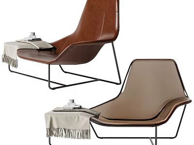 Modern Brown Leather Lounge Chairs With Metal Frames And Side Table Throw Blanket 3d model