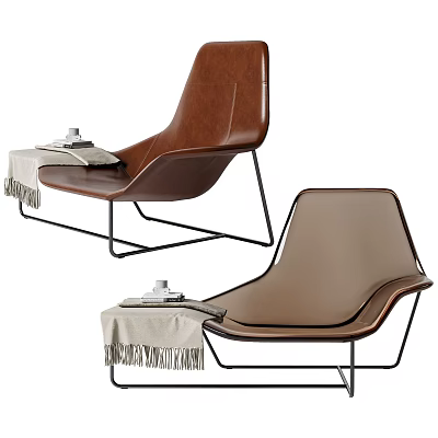 Modern Brown Leather Lounge Chairs With Metal Frames And Side Table Throw Blanket 3d model