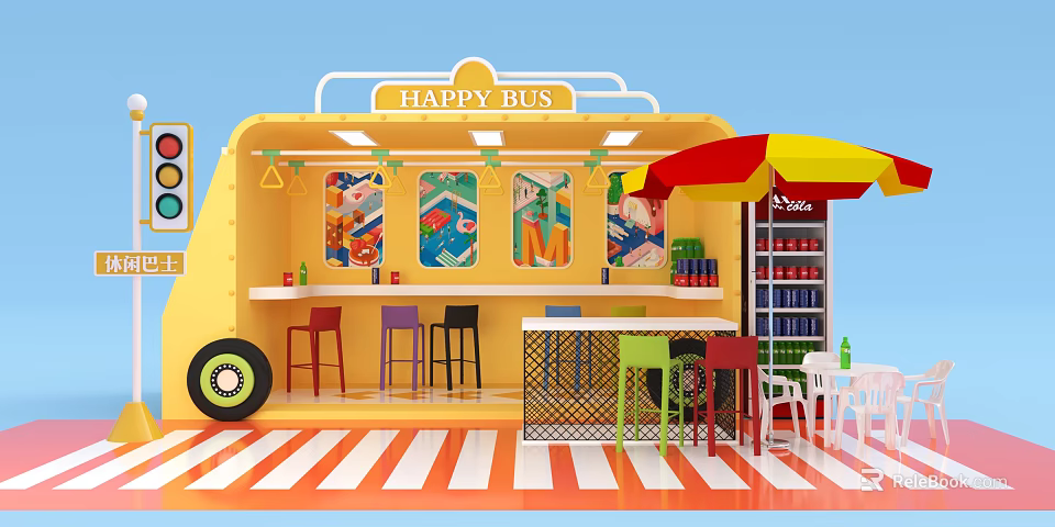 Happy Bus Themed Supermarket Retail Cart with Colorful Stools Red Yellow Umbrella and Drink Shelves 3d model 
