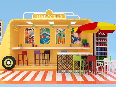 Happy Bus Themed Supermarket Retail Cart with Colorful Stools Red Yellow Umbrella and Drink Shelves 3d model