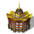 Traditional Style Commercial Complex Featuring Ornate Golden Roof And Multi story Structure