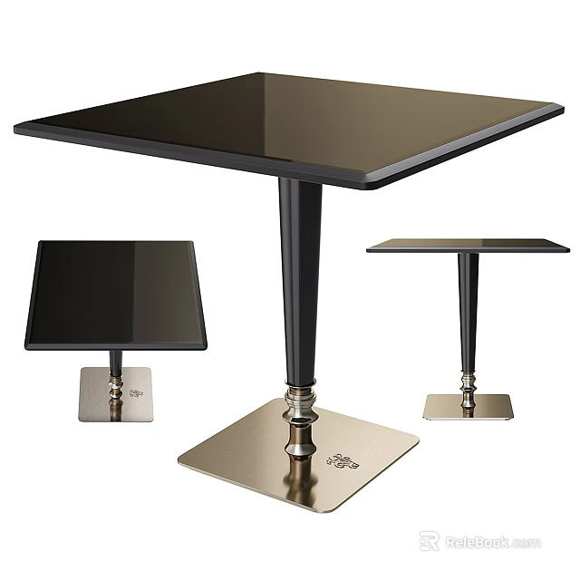 Sleek Square Black Glass Dining Table Set With Slim Black Legs And Metal Base Design 3d model 