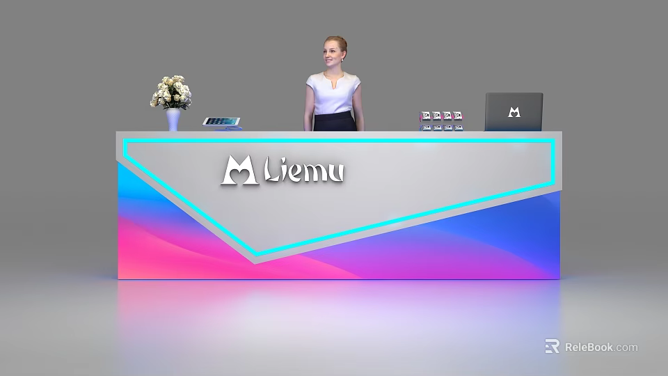 Modern Gradient Color Reception Desk With Lienu Logo Flower Vase Tablet And Laptop 3d model 