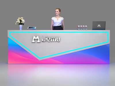 Modern Gradient Color Reception Desk With Lienu Logo Flower Vase Tablet And Laptop 3d model