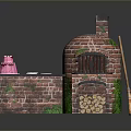 Brick Oven Scene With Counter Pink Cake White Plates Wood Logs Broom And Green Moss