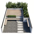 Garden Feature with Wooden Deck Gravel Pathway Stone Steps and Lush Green Plants