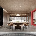 Modern Private Dining Room Interior Design With Round Table Red Decorative Wall And Pendant Light 3d model