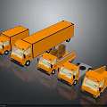Five Orange Trucks of Various Types on Dark Background with Reflections